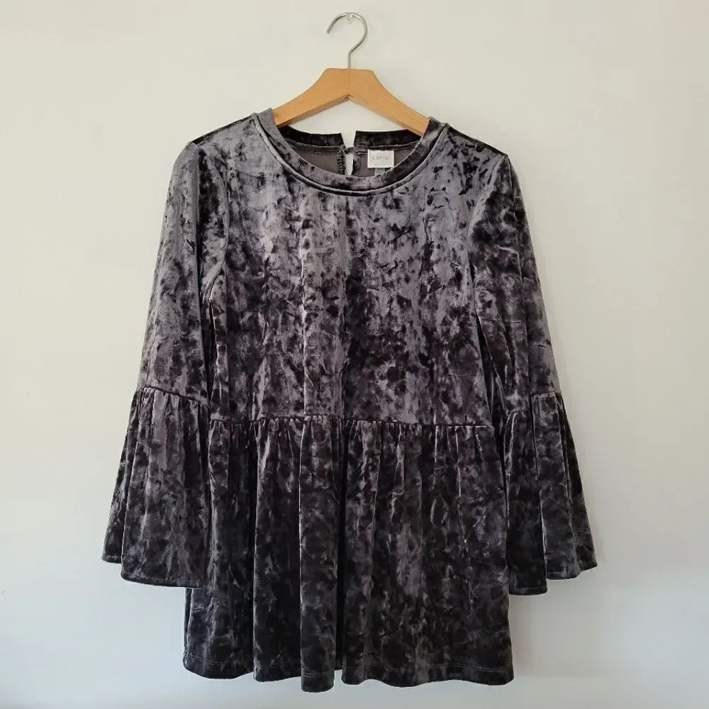 Cupio Gray Velvet Long Bell Sleeve Top Medium